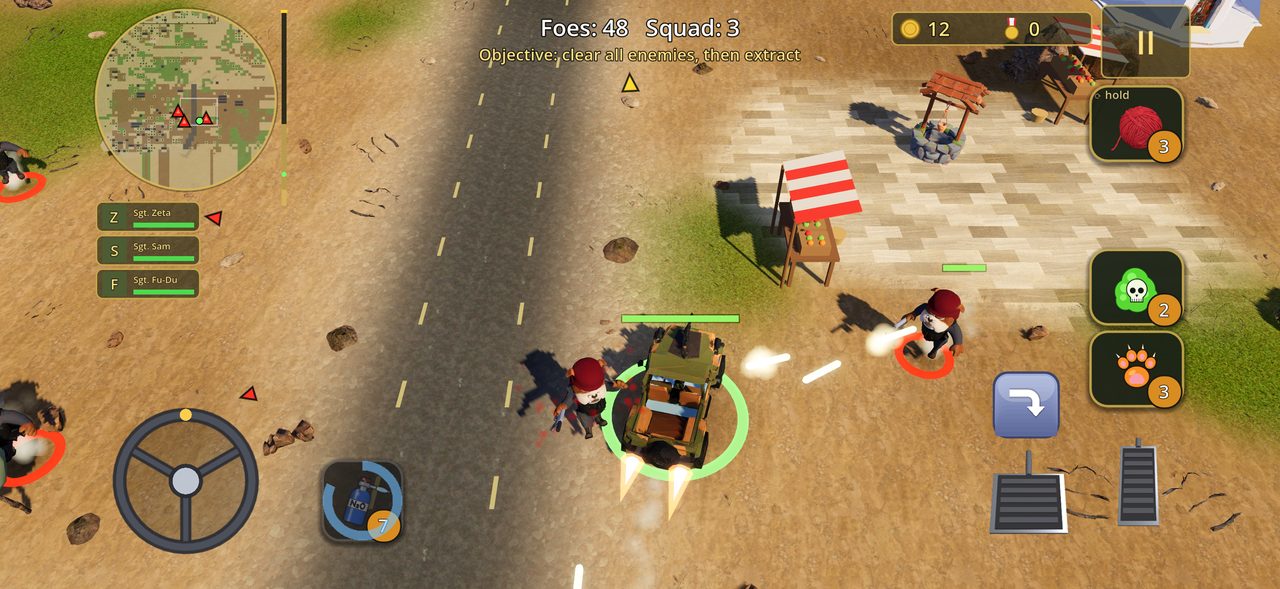 Game screen: the cats drive a jeep through a desert village with nitro flames from the exhaust while a Bulldog soldier fires at it. On-screen steering wheel and nitro canister at bottom left, accelerator and brake pedals at bottom right.