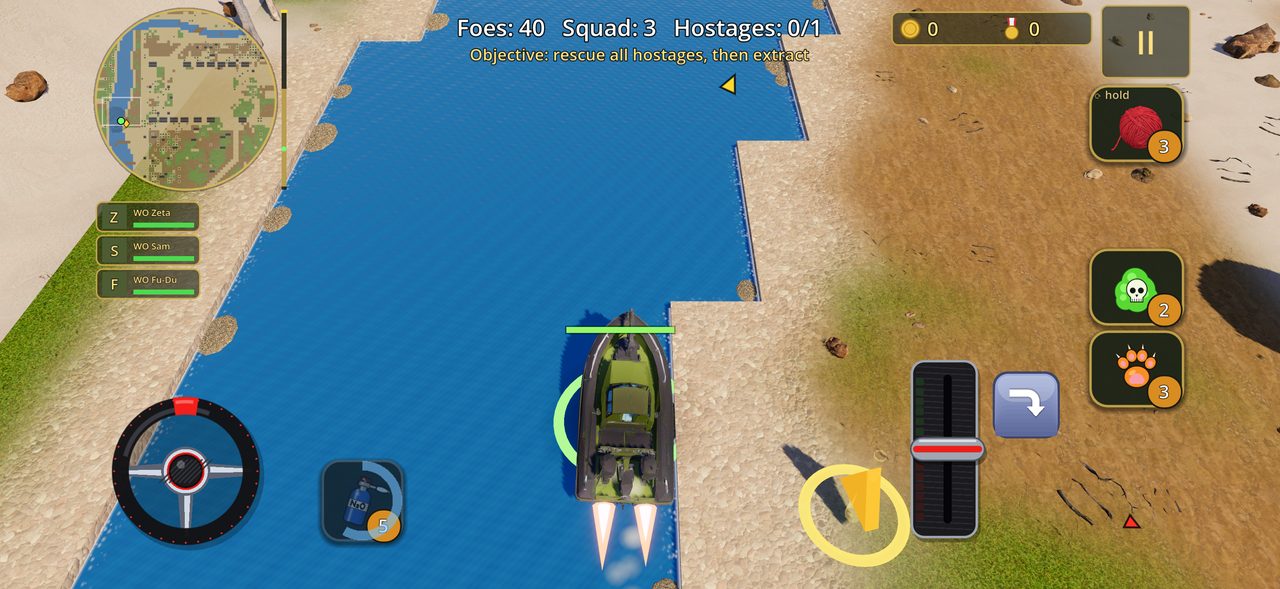 Game screen: the cats speed along a blue river in a patrol boat with nitro flames at the stern. Ship's helm at bottom left, throttle lever at bottom right.